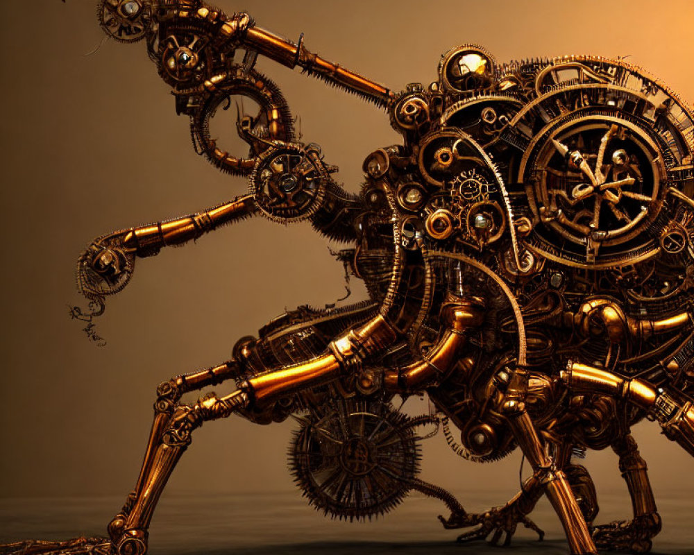 Steampunk-style mechanical dinosaur sculpture with brass-like metal and clockwork elements