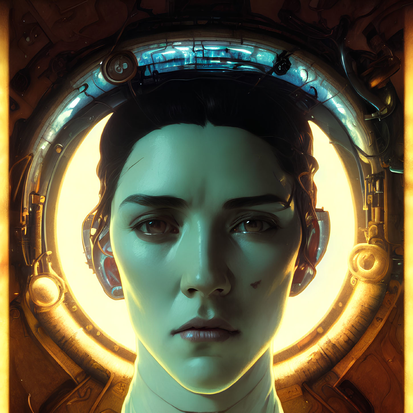 Detailed Close-Up Illustration of Person in Futuristic Helmet with Intricate Mechanical Details
