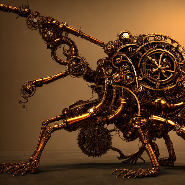 Steampunk-style mechanical dinosaur sculpture with brass-like metal and clockwork elements
