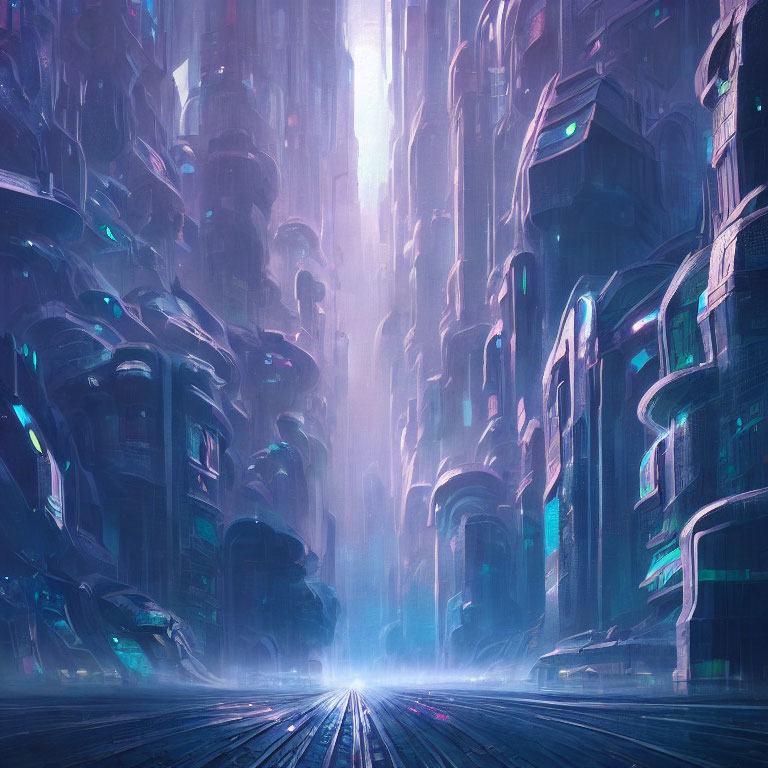 Futuristic cityscape with towering illuminated high-rises in misty glow