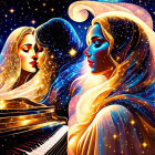Colorful artwork of woman playing piano with flowing hair, cosmic background