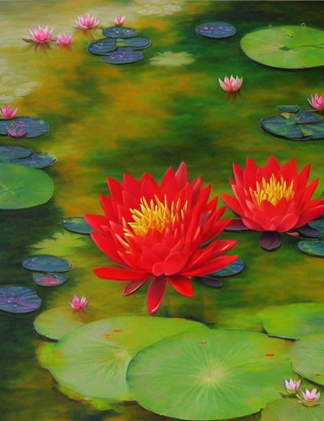 Colorful red and yellow water lilies on serene pond with pink buds