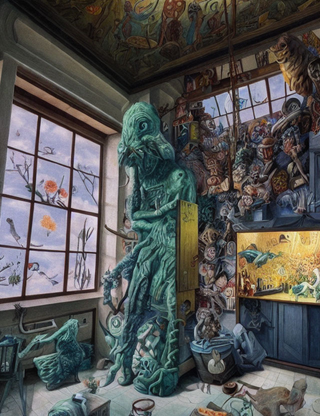 Detailed illustration of fantastical room with aquatic humanoid and marine artifacts
