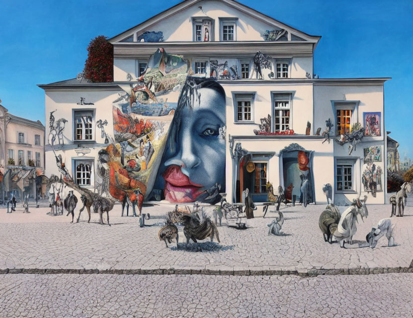 Large Woman's Face Mural with Surreal Elements and Animals in Town