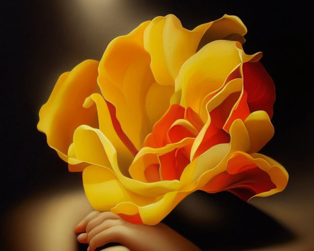 Vibrant yellow and red flower held by hand on dark background