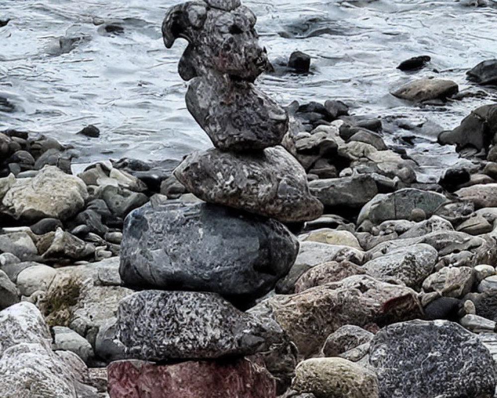 Six Rocks Balanced by Water Body with Pebbles and Waves