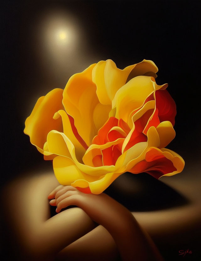 Vibrant yellow and red flower held by hand on dark background