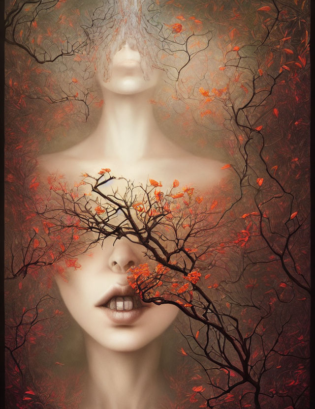 Surreal autumnal trees merge with woman's silhouette in misty scene