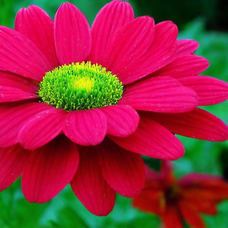 Vibrant Pink Daisy with Bright Green Center on Blurred Green Background