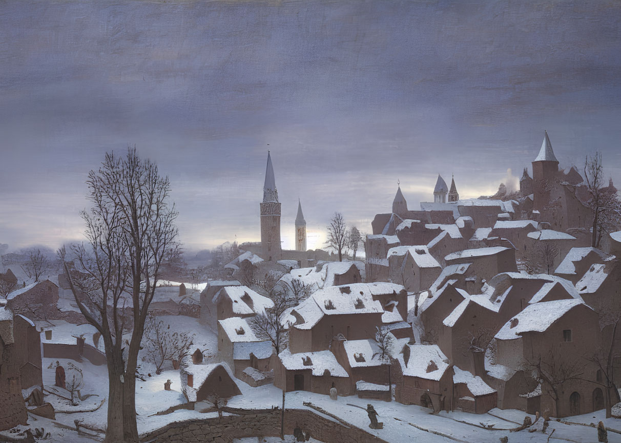 Medieval town covered in snow with spired buildings and townsfolk at dusk