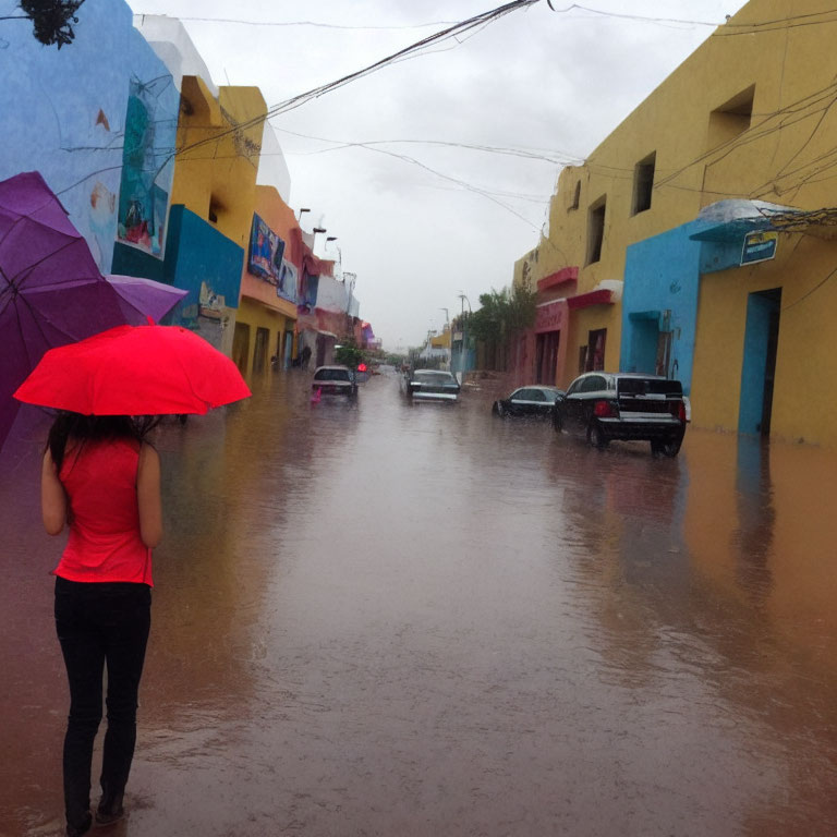 Red umbrella person on flooded street with colorful buildings under grey skies
