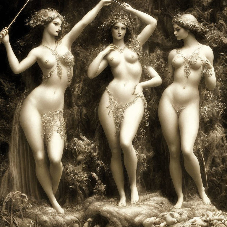 Three classical figures in forest scene with ethereal adornments.