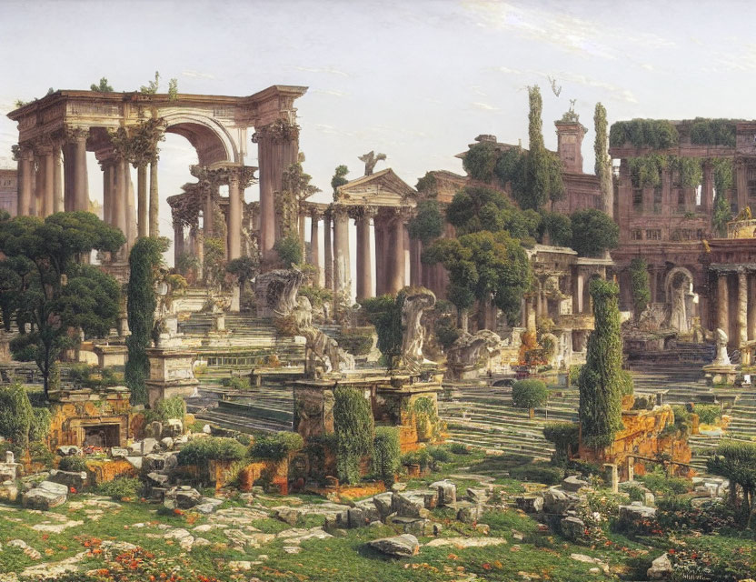 Roman ruins painting with grand columns, arches, and sculptures in lush garden setting