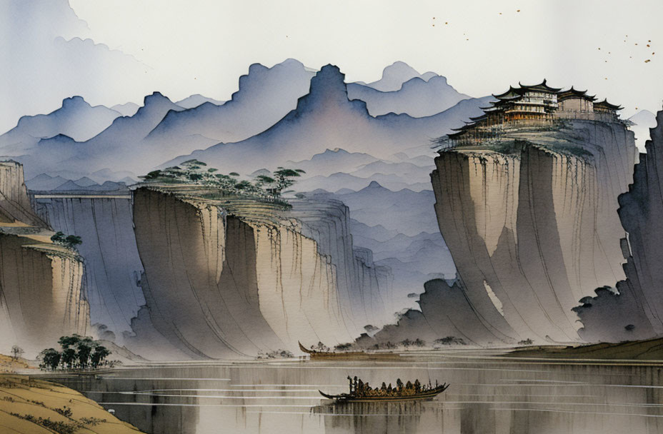 East Asian watercolor painting of towering cliffs, temple, river, trees, and boat.