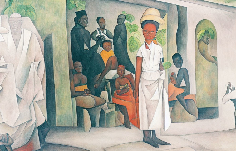Vibrant painting of stylized figures in communal setting