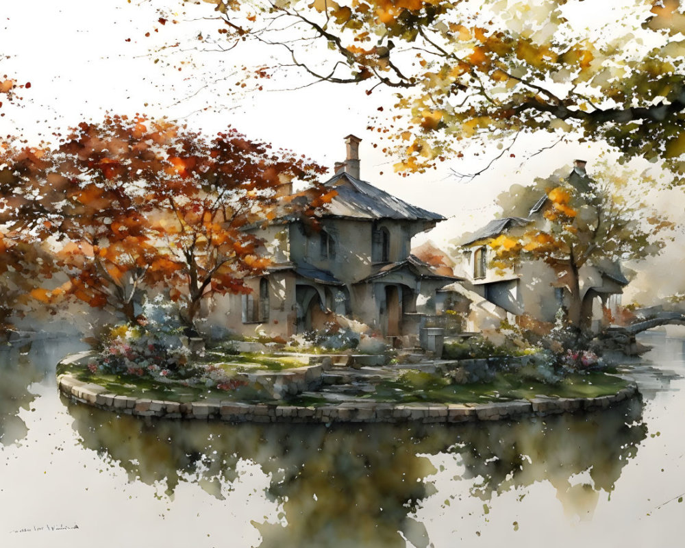 Tranquil lakeside village scene with autumn foliage and stone houses