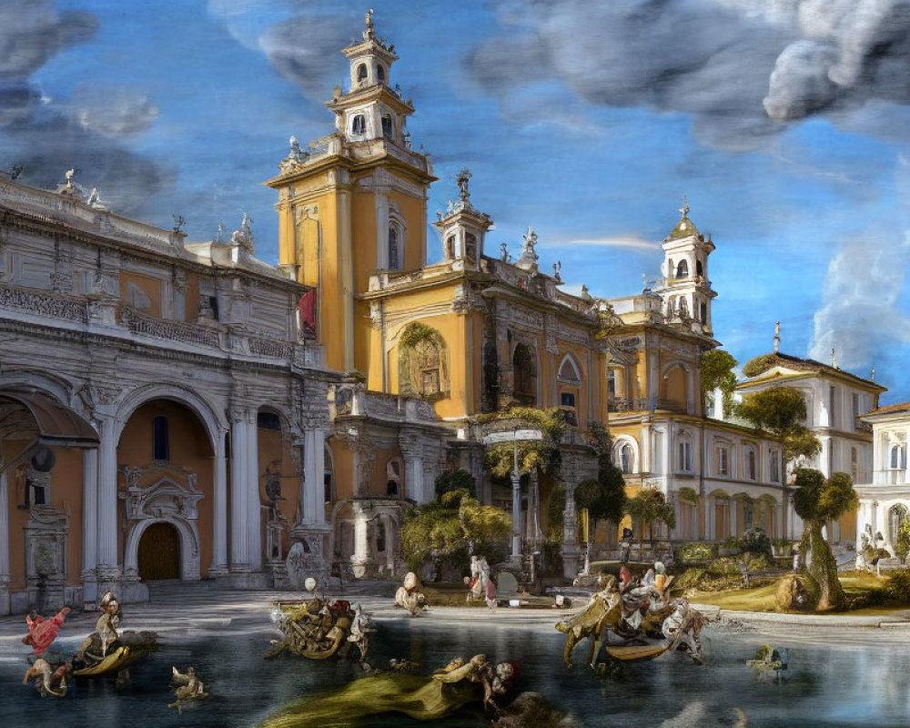 Baroque architecture with twin bell towers and sculptures beside a serene water body.