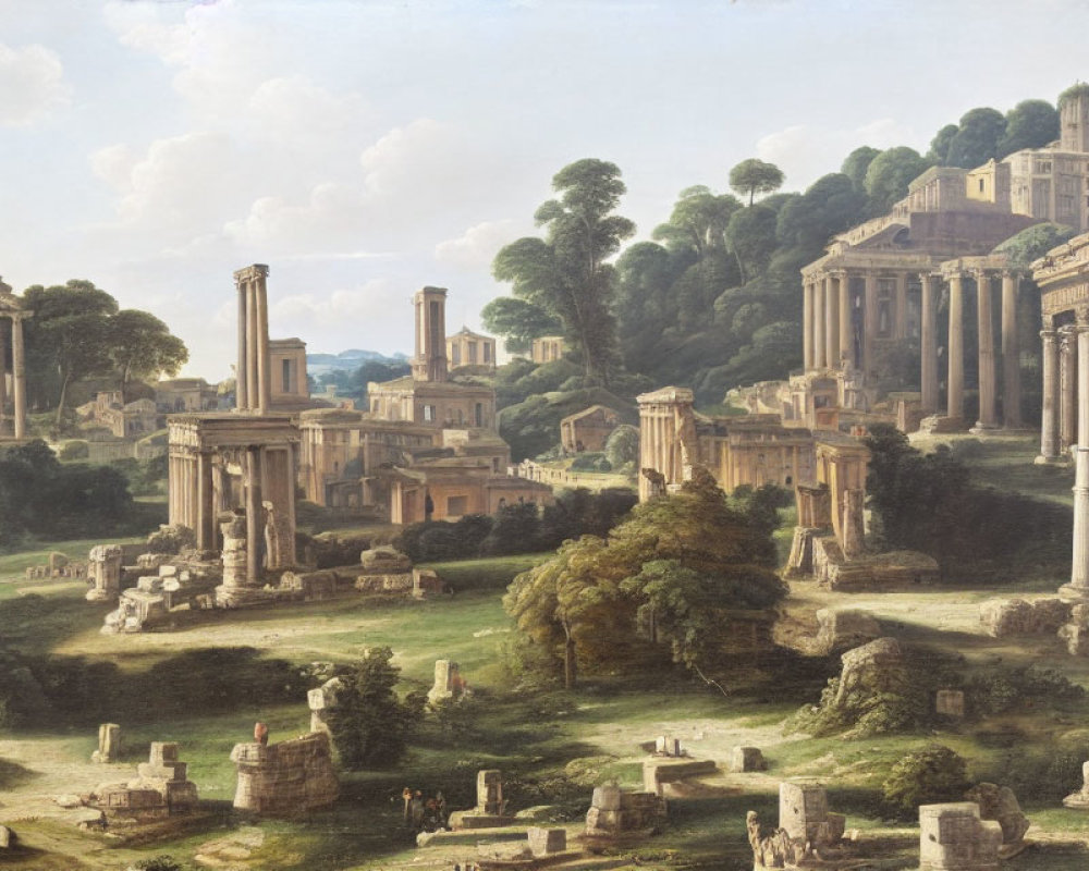 Classical painting of ancient ruins with greenery and people amid towering columns and temples