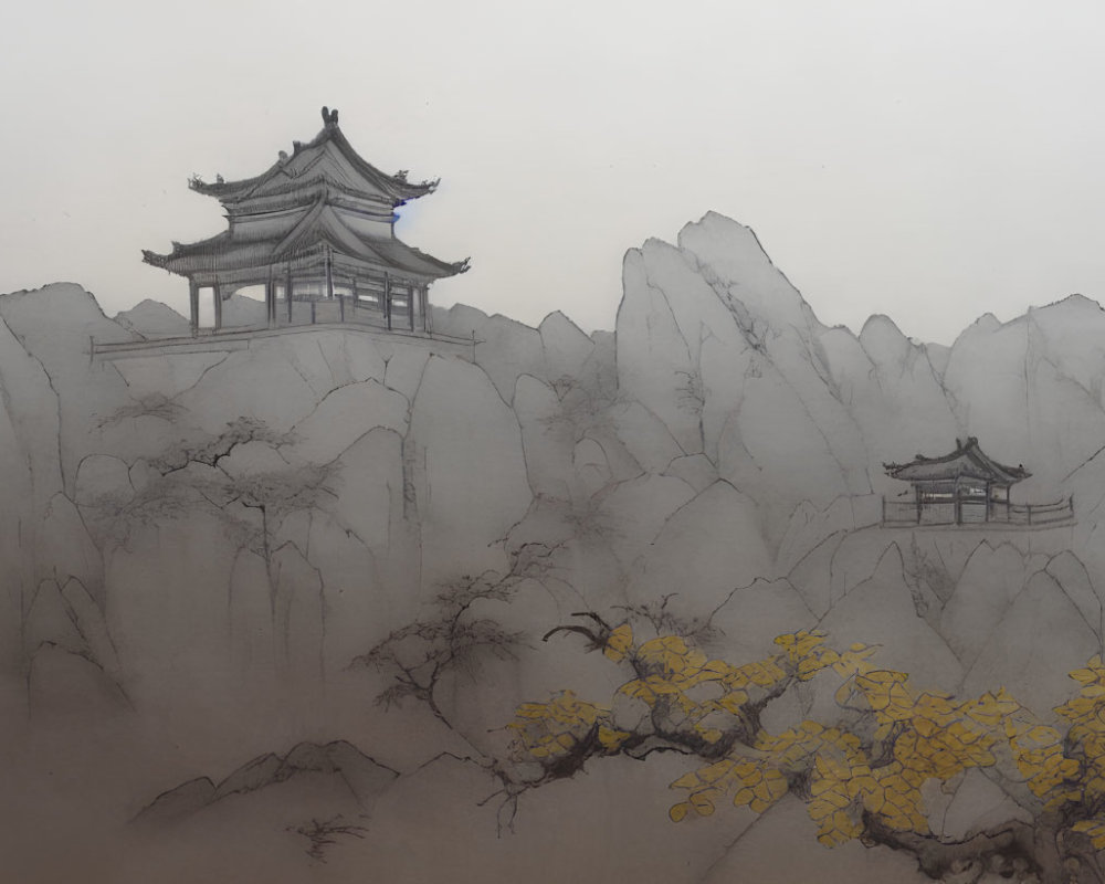 East Asian Ink Wash Painting: Mountains, Pagodas, Cliffs, Trees