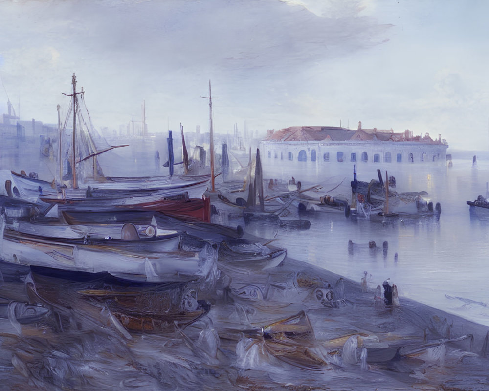 Misty port scene with moored boats and figures under hazy sky