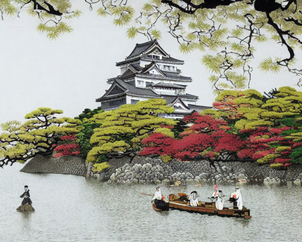 Japanese Castle Surrounded by Autumn Foliage and Cherry Blossoms