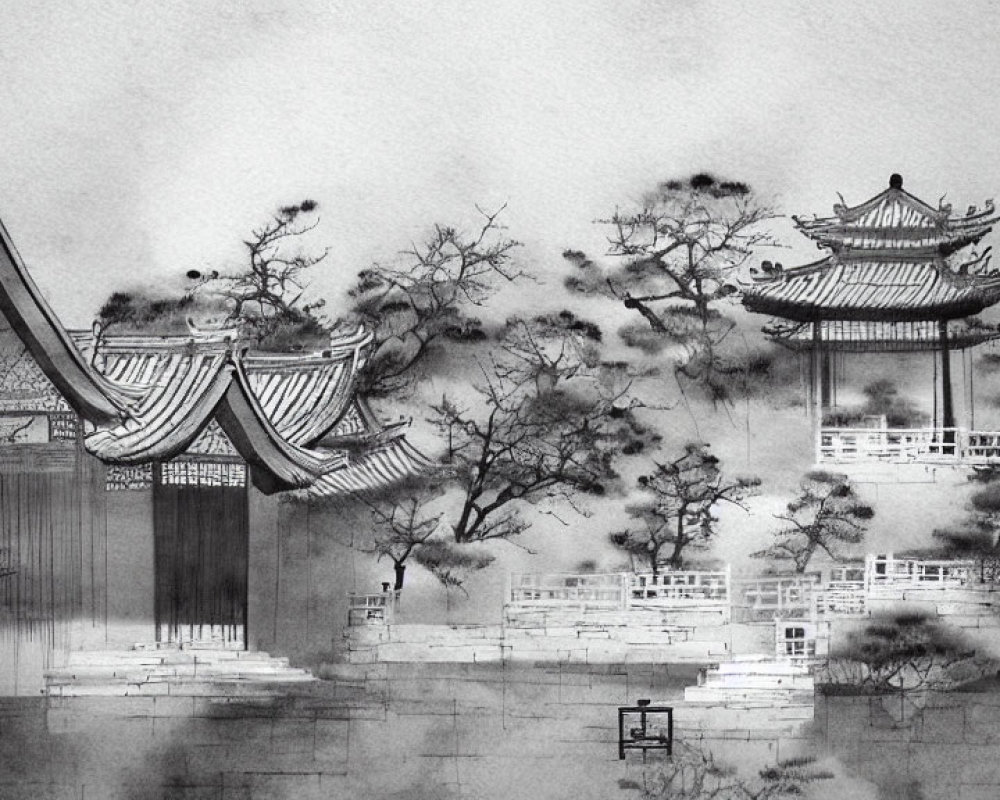 Monochrome ink painting of an Asian-style pagoda with intricate roof details surrounded by trees and a wall