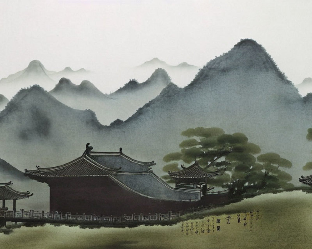 East Asian landscape painting with misty mountains, pagodas, and figures with umbrellas.
