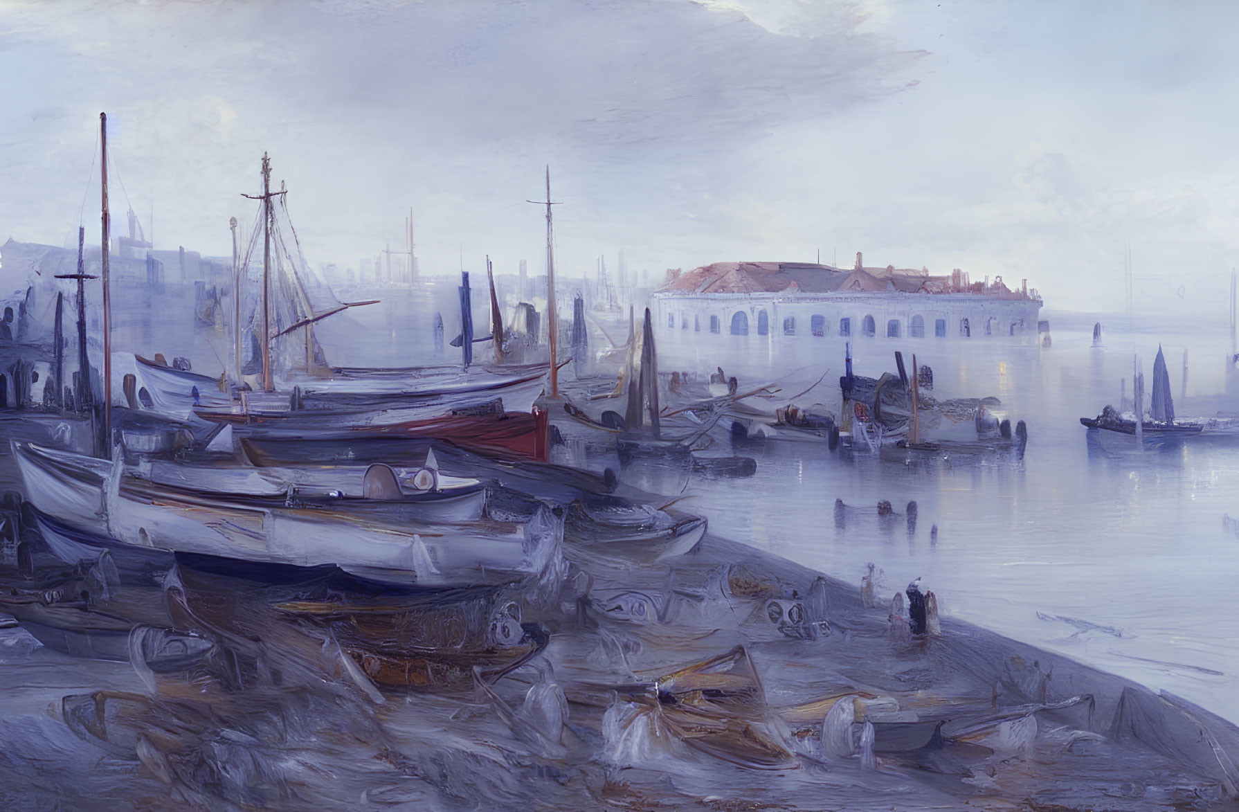 Misty port scene with moored boats and figures under hazy sky