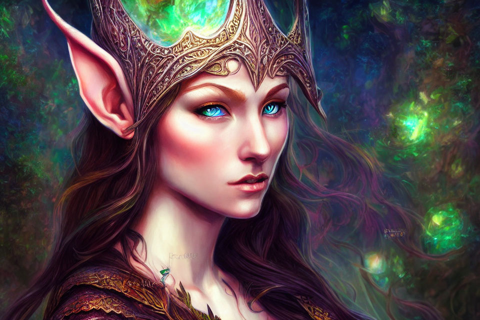 Elven woman portrait with blue eyes and golden crown in mystical forest.