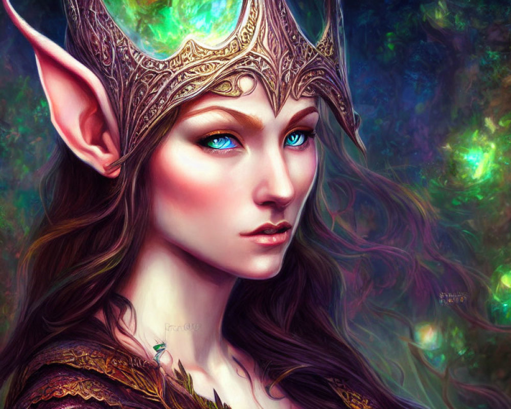 Elven woman portrait with blue eyes and golden crown in mystical forest.