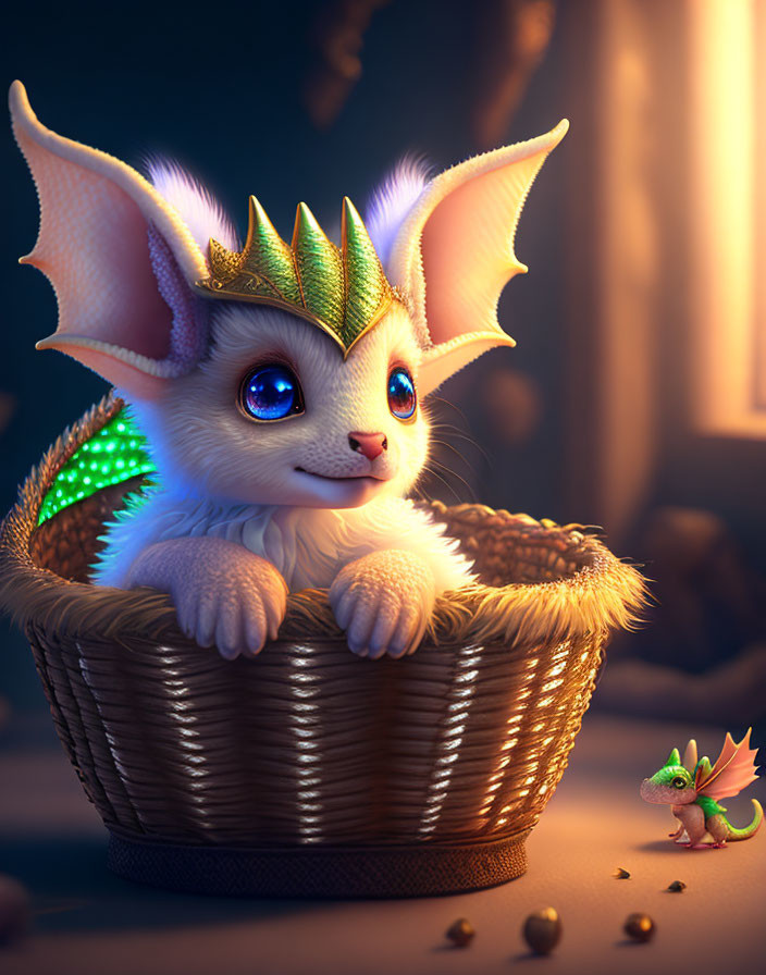 Blue-eyed creature and tiny dragon in warm, glowing setting