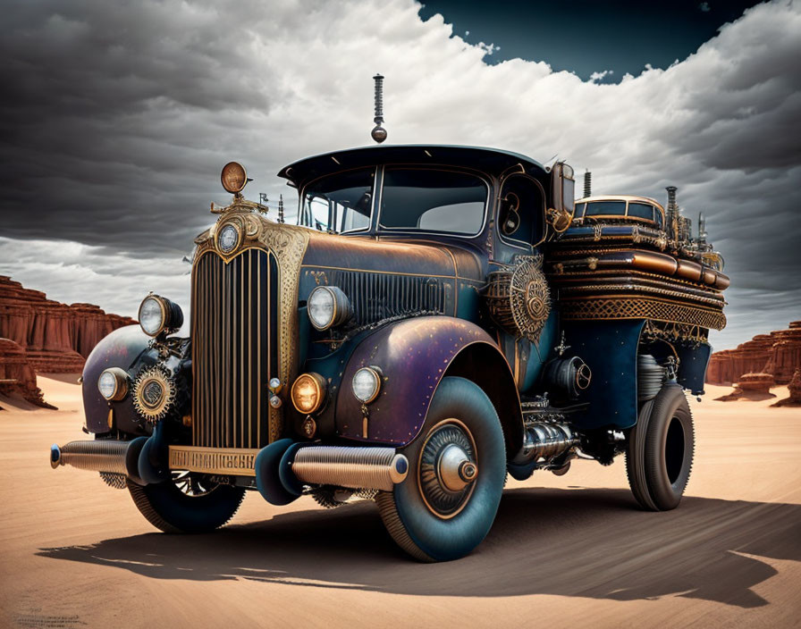 Ornate Steampunk-Style Vehicle in Desert Canyon Landscape
