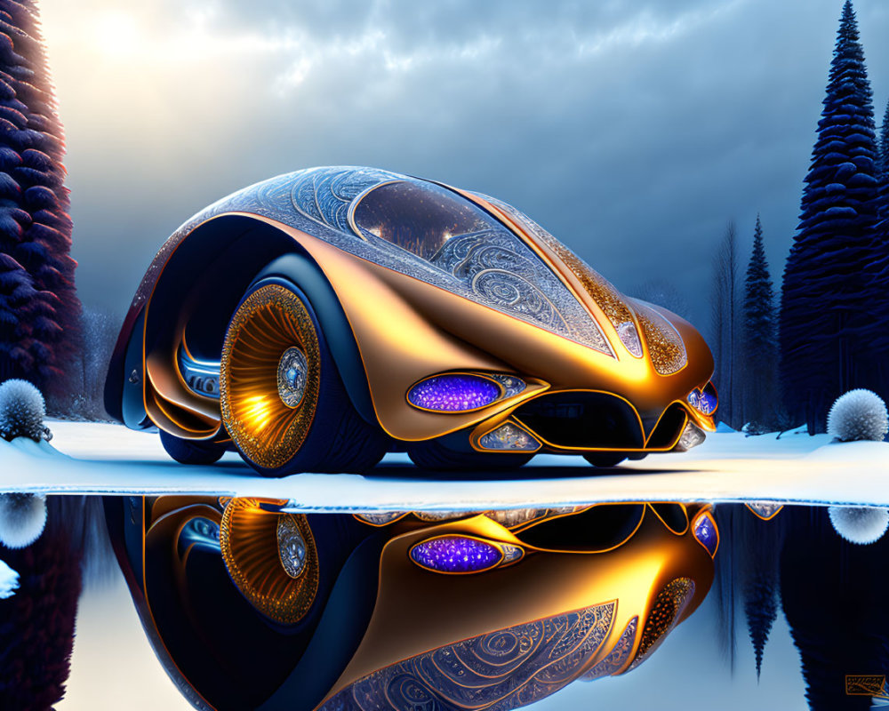 Futuristic Gold and Blue Car Parked Near Snowy Trees at Twilight