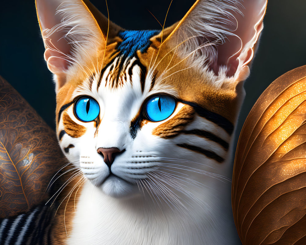 Colorful Cat Artwork with Blue Eyes, Tiger Stripes, and Butterfly Wings