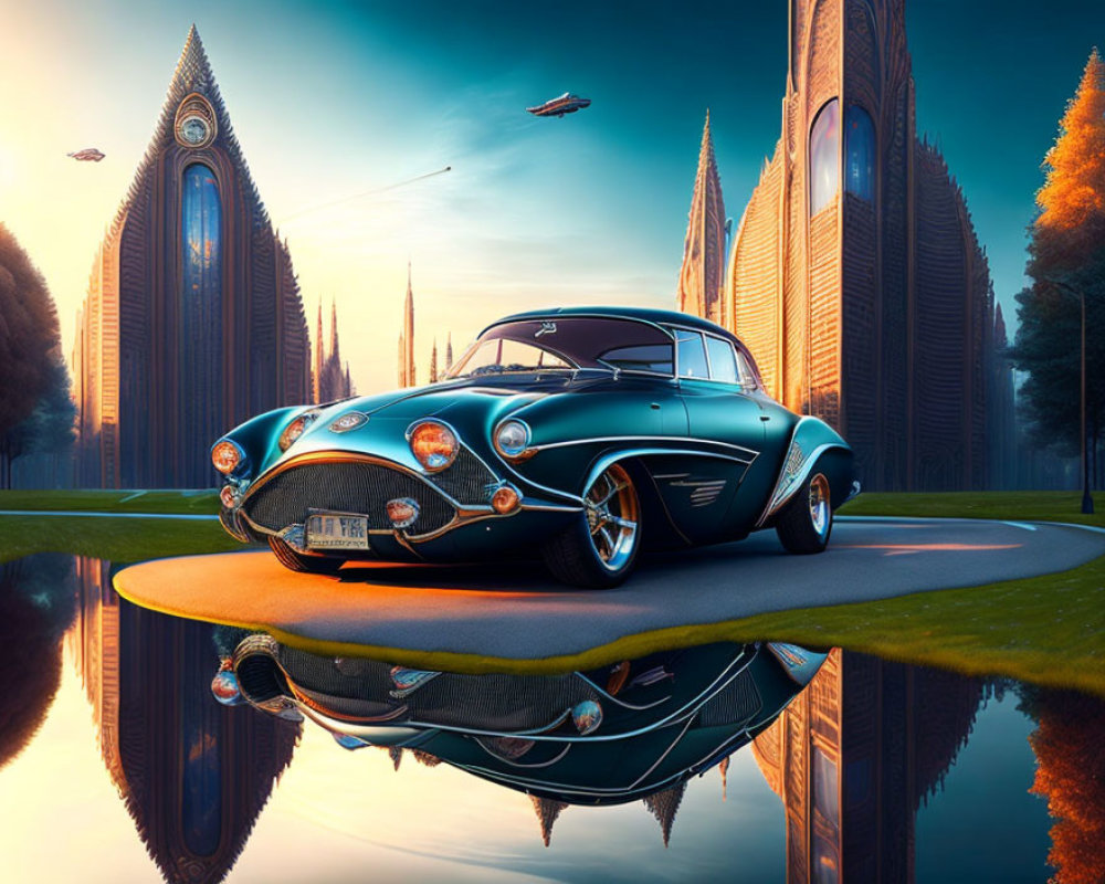 Classic blue car parked in futuristic city with floating vehicles at golden hour