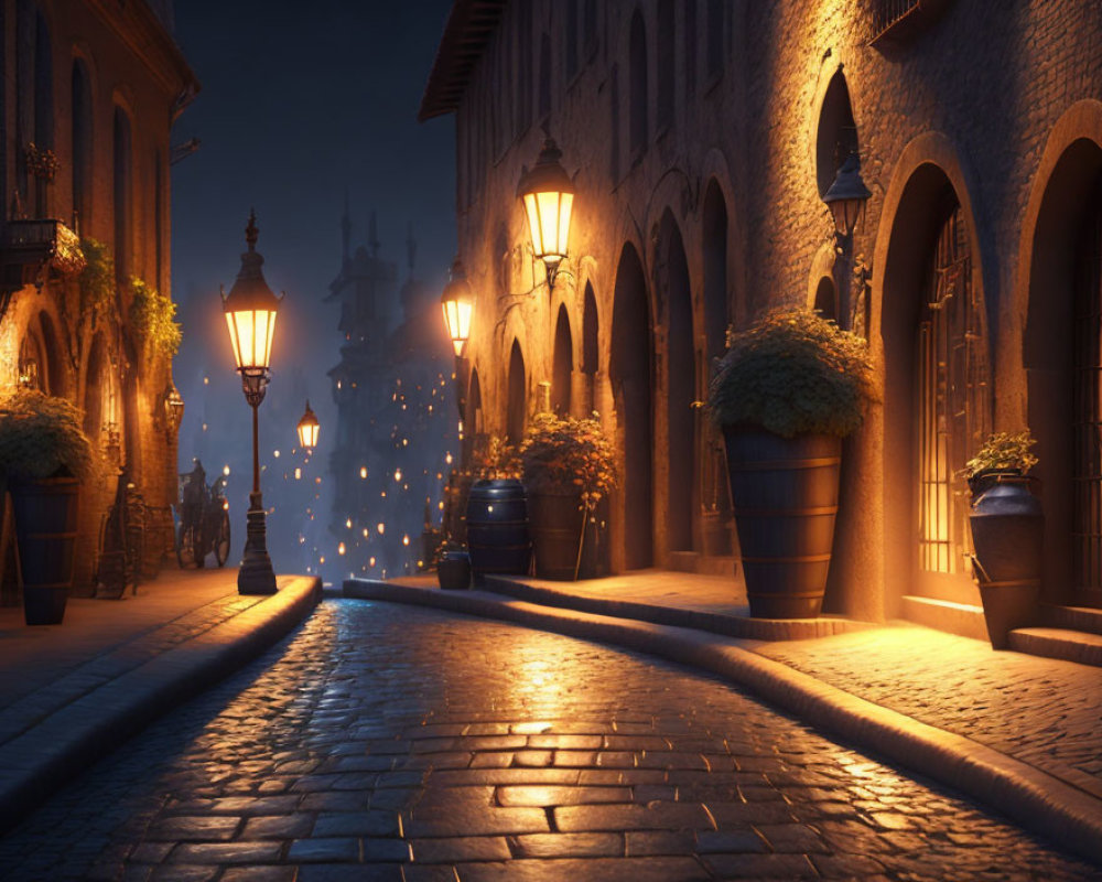 Nighttime cobblestone street with classical architecture and glowing street lamps.