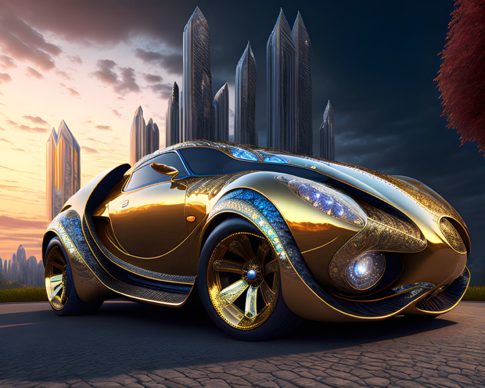 Futuristic golden sports car in urban sunrise or sunset scene