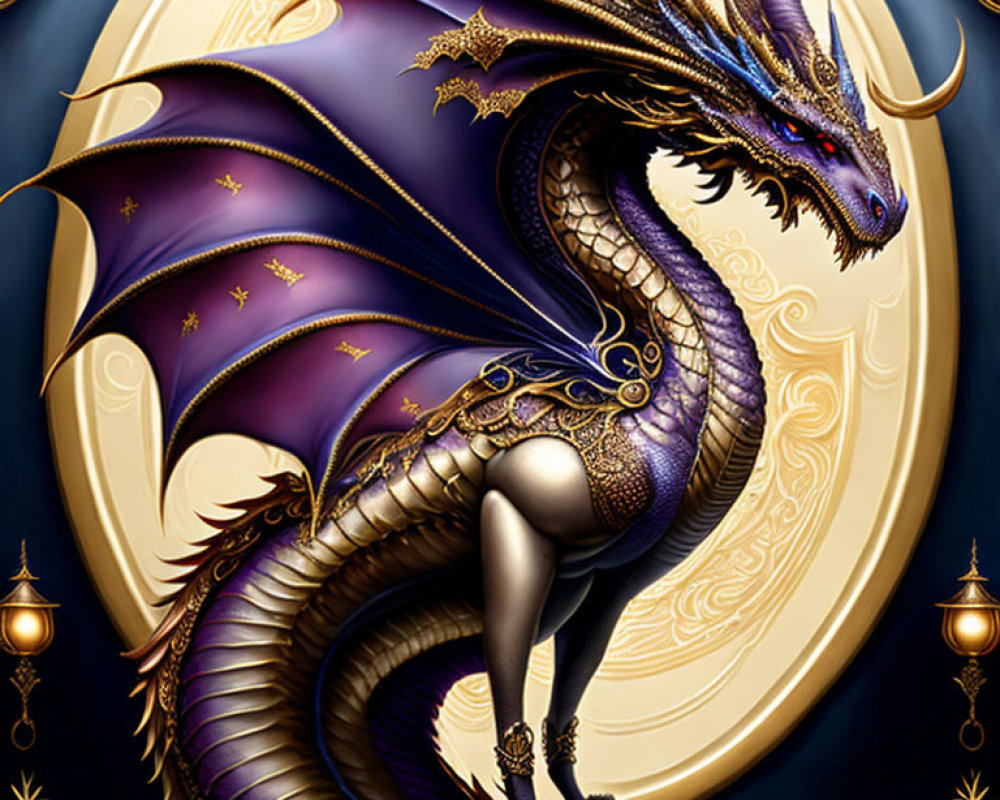 Detailed Purple and Gold Dragon Illustration on Ornate Starry Background