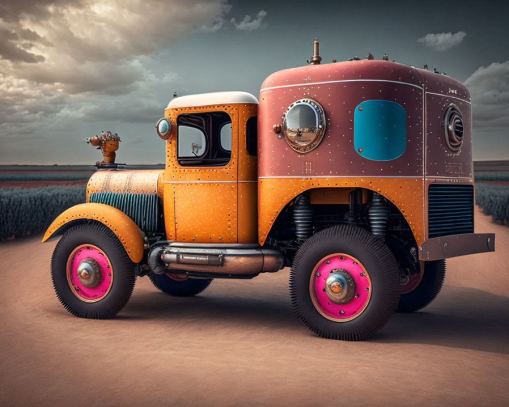 Whimsical vintage-style truck in orange and pink hues under dramatic sky