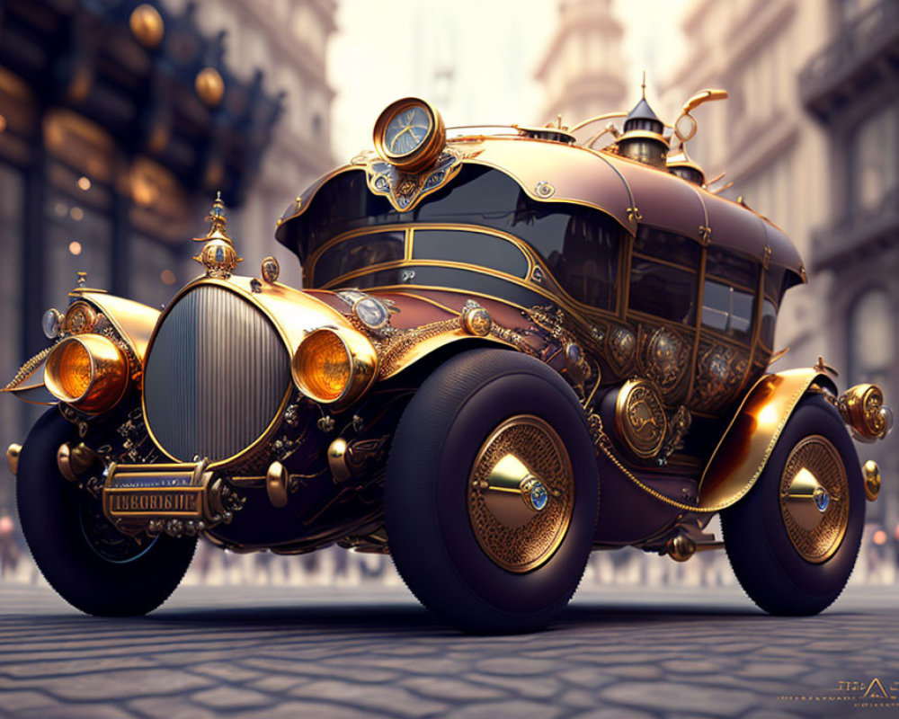 Digitally rendered vintage-style car with steampunk design in urban setting