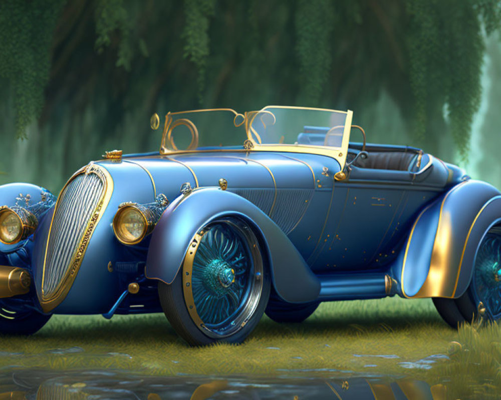 Vintage Car in Metallic Blue with Golden Trimmings in Enchanted Forest