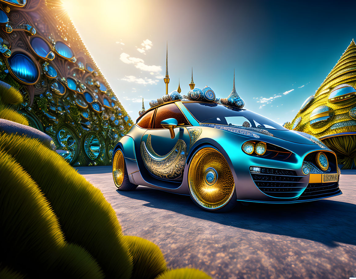 Futuristic Blue Car with Golden Patterns on Surreal Landscape