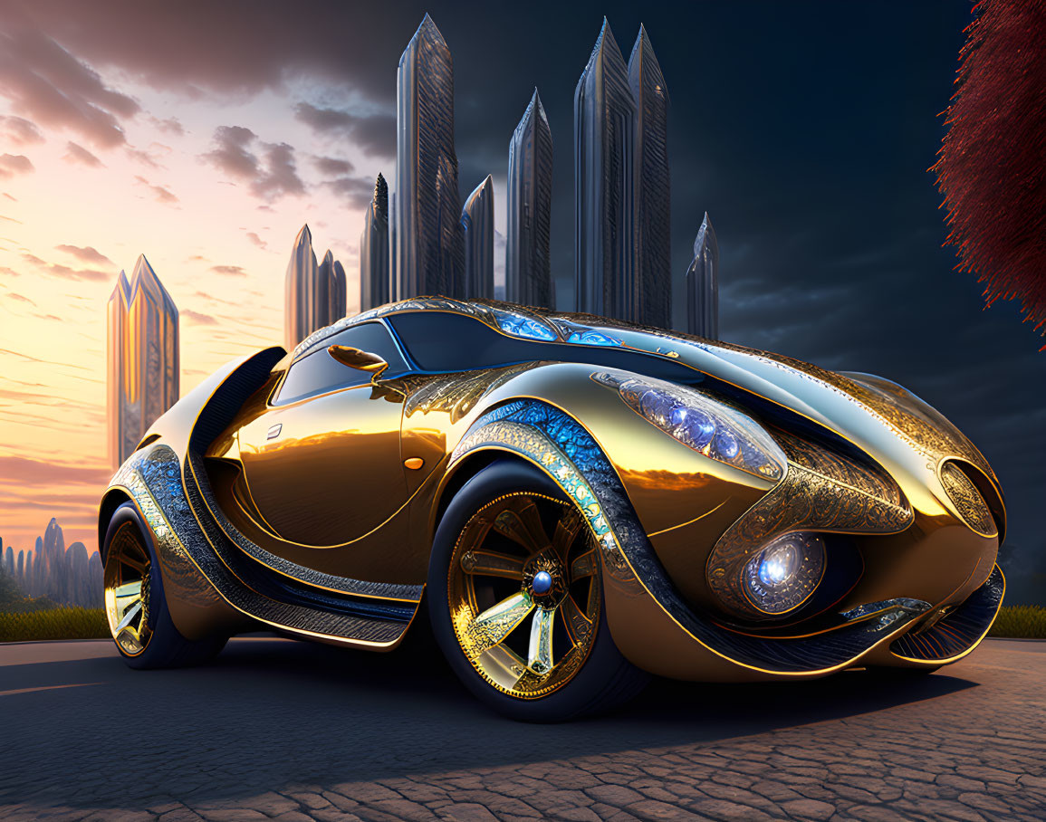 Futuristic golden sports car in urban sunrise or sunset scene