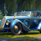Vintage Blue Car with Golden Accents in Forest Setting