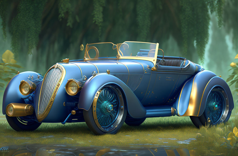 Vintage Car in Metallic Blue with Golden Trimmings in Enchanted Forest