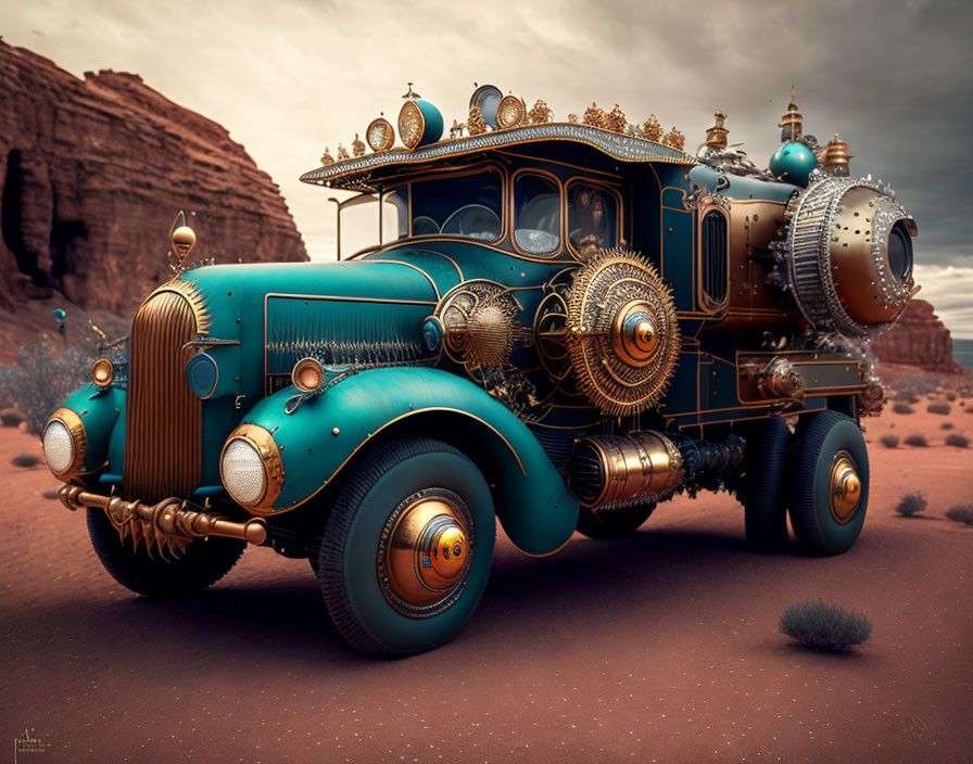 Vintage Teal Car with Steampunk Design in Desert Setting
