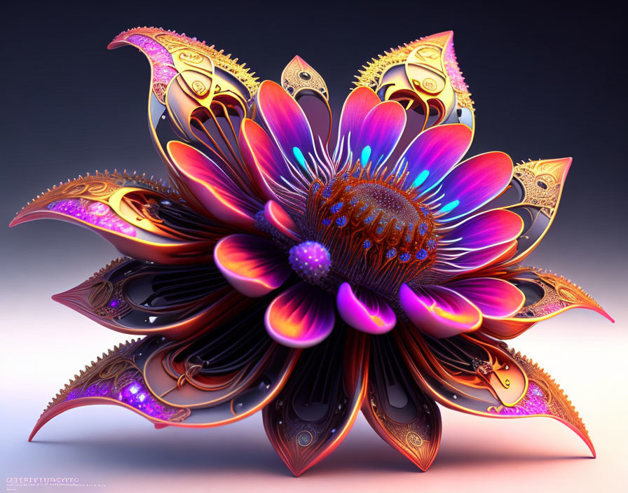 Fantastical digital flower with metallic, purple, and pink gradients