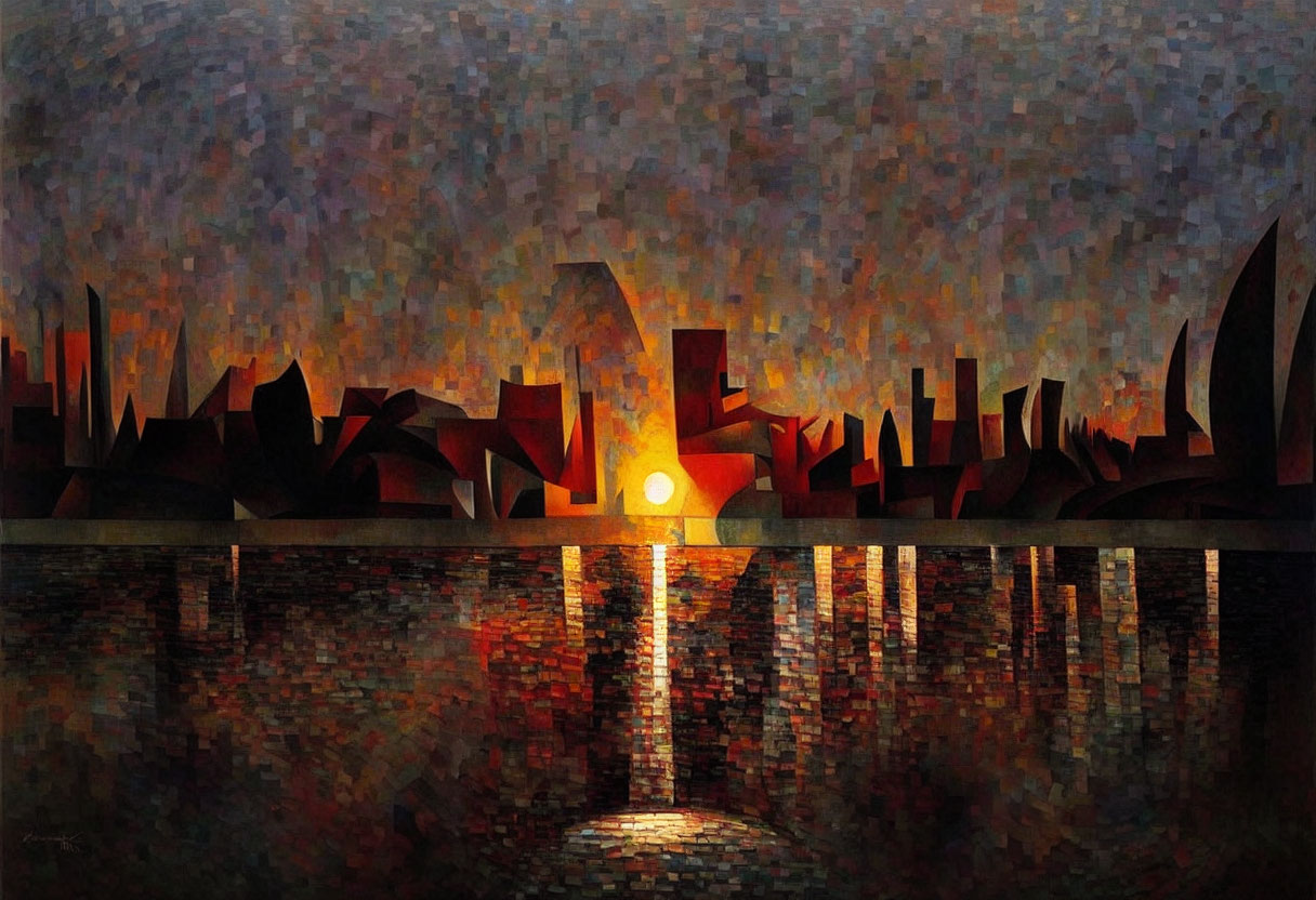 City skyline at sunset: Angular buildings, sun reflecting on water in warm-colored mosaic