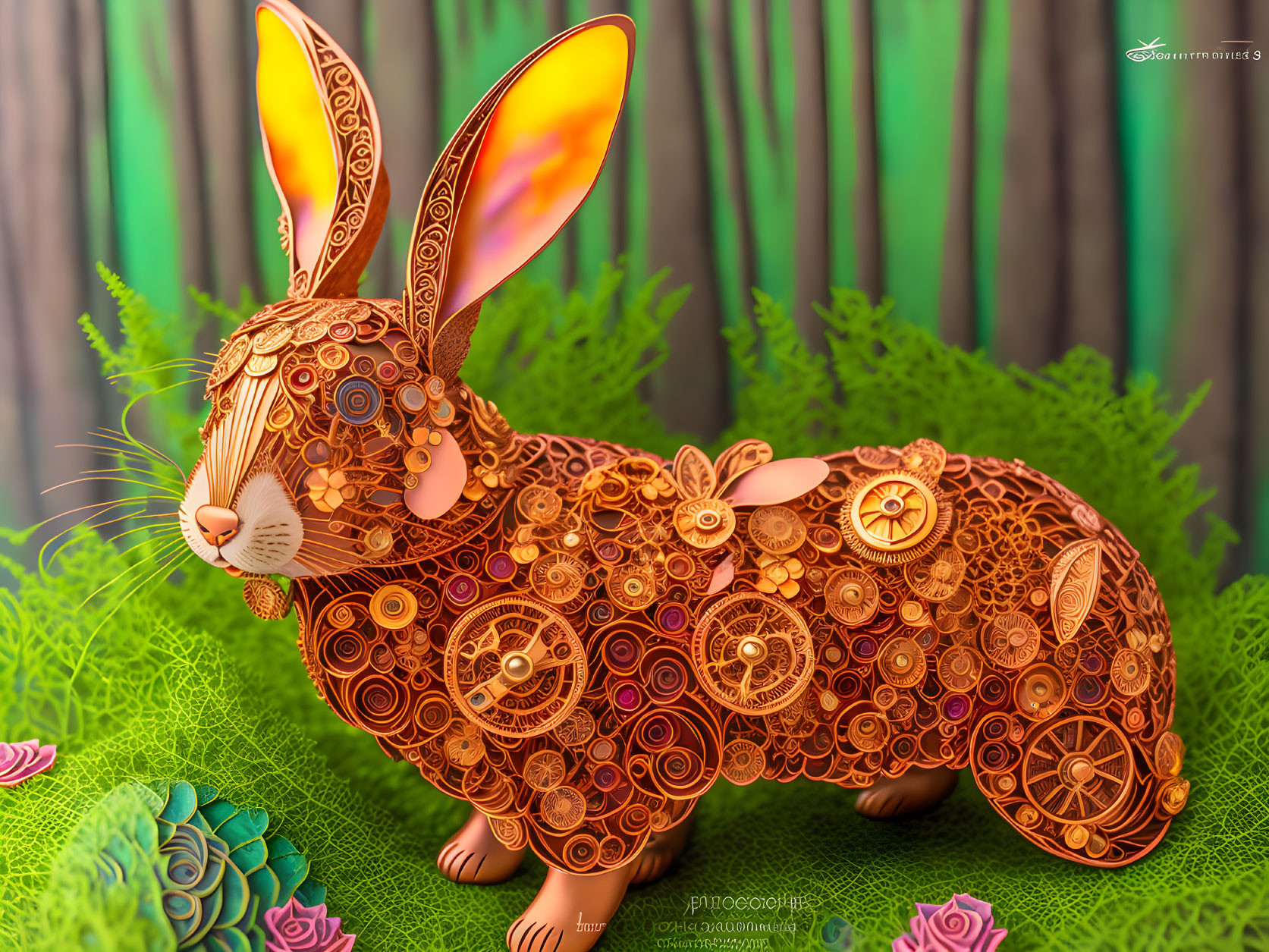 Steampunk-style mechanical rabbit with gears on green backdrop