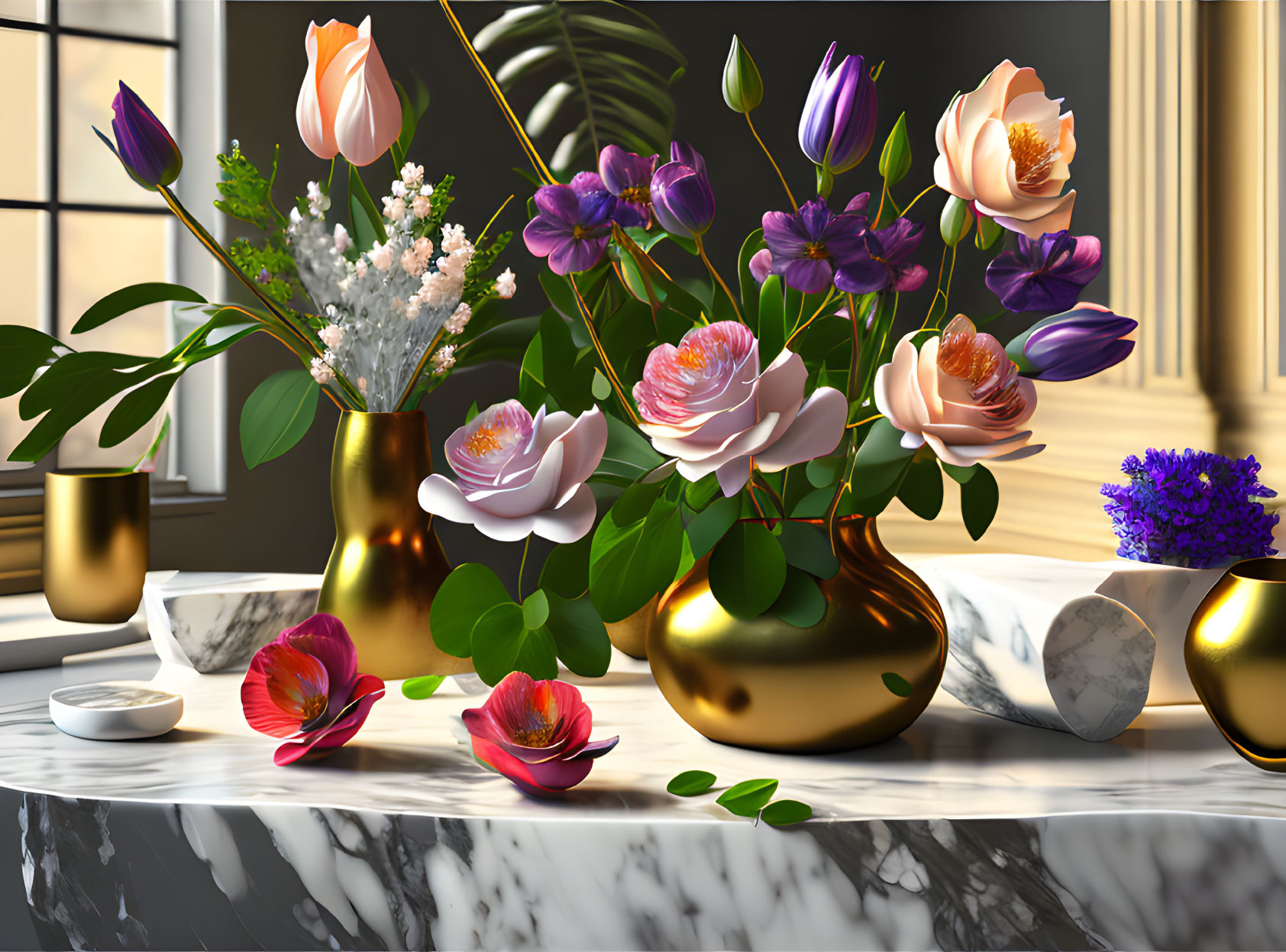 Luxurious floral arrangement on marble with golden vases and greenery